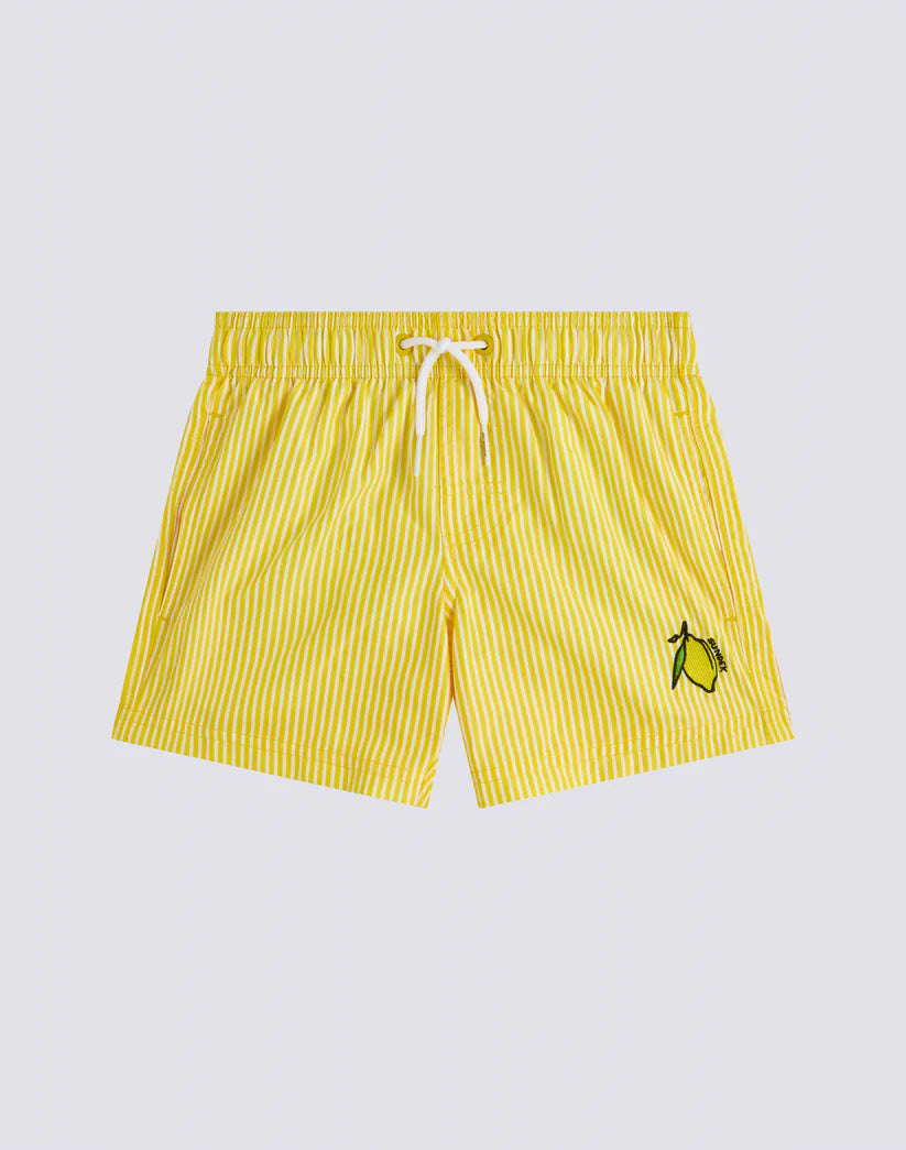 Short maillot jaune imprimé à rayures juicy et broderie fruits garçon Sundek E26