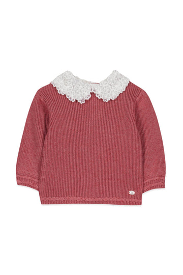 Pull framboise chiné col broderie babygirl Tartine et Chocolat