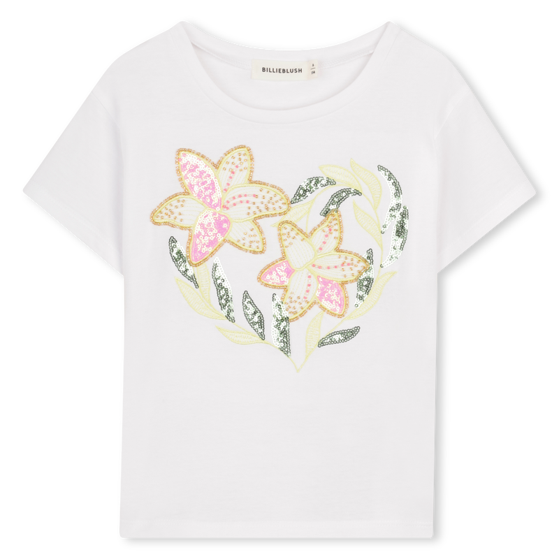 Tee Shirt manches courtes blanc à sequins et perles fille Billieblush E26