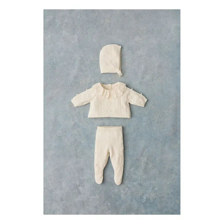Ensemble cardigan, pantalon et béguin crème babygirl Louise Misha H26