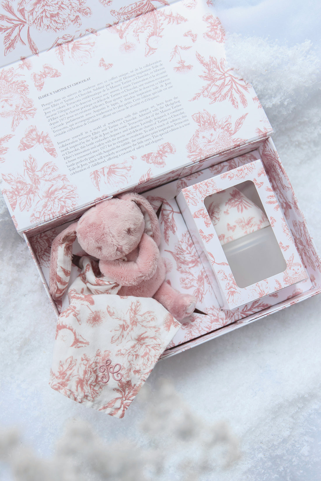 Coffret Doudou et biberon toile de Jouy rose Elhée x Tartine et Chocolat