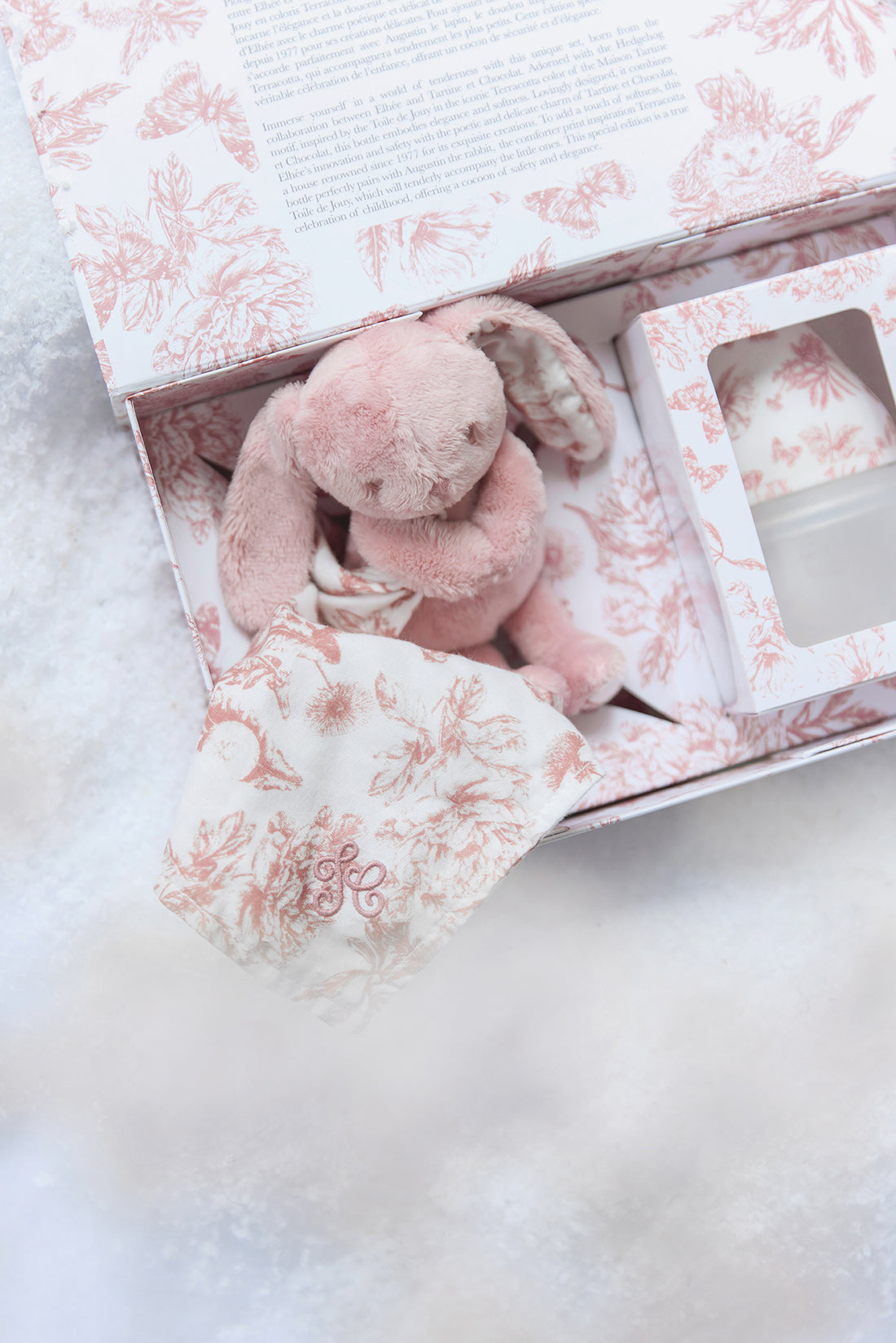 Coffret Doudou et biberon toile de Jouy rose Elhée x Tartine et Chocolat
