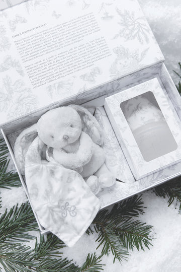 Coffret Doudou et biberon toile de Jouy grise Elhée x Tartine et Chocolat